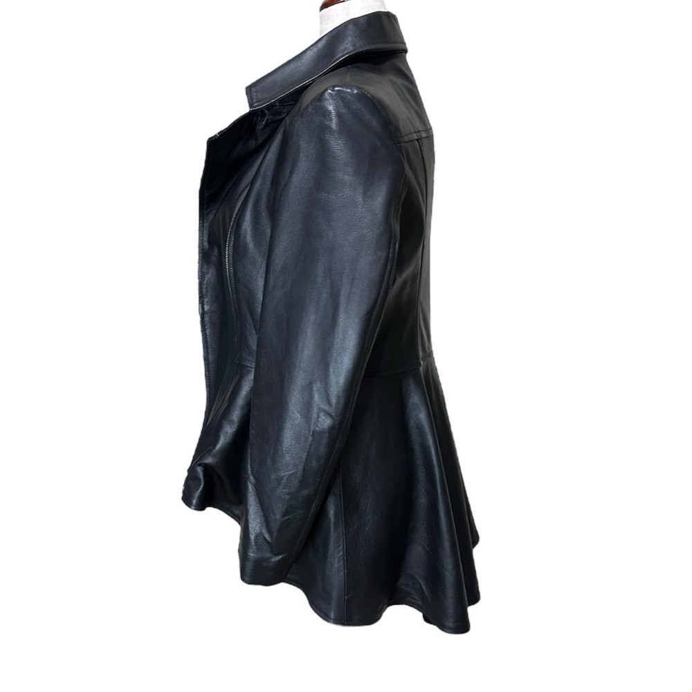 Black Leather Motorcycle Jacket with Asymmetrical Zipper - Picture 3 of 6